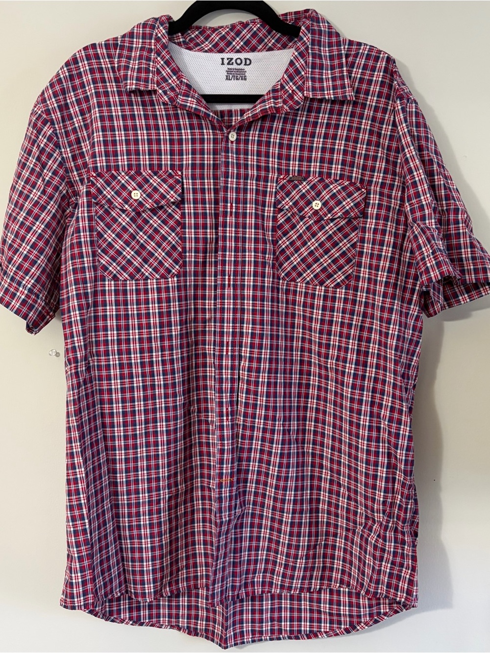 Izod Red and Blue Plaid Short-Sleeve Button-Down Shirt